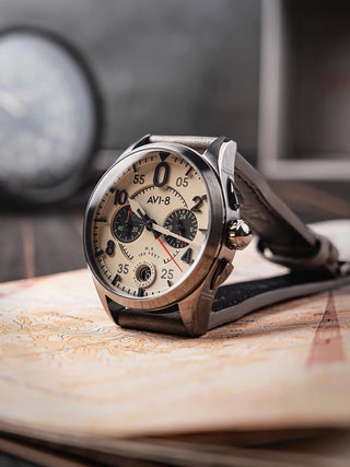 Angle shot of Avi-8 Chronograph AV-4089-06 Grey Leather Unisex Watch on white background