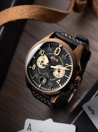 Angle shot of Avi-8 Chronograph AV-4089-07 Black Leather Unisex Watch on white background