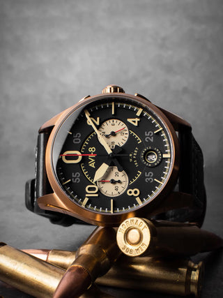 Angle shot of Avi-8 Chronograph AV-4089-07 Black Leather Unisex Watch on white background