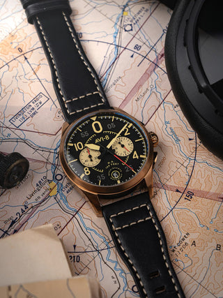 Angle shot of Avi-8 Chronograph AV-4089-07 Black Leather Unisex Watch on white background