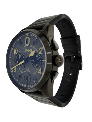 Angle shot of Avi-8 Chronograph AV-4089-08 Grey Dial Black Leather Unisex Watch on white background