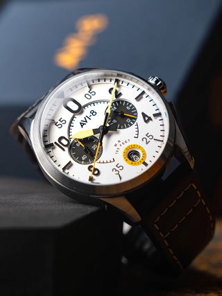 Angle shot of Avi-8 Chronograph AV-4089-0B Black Leather Unisex Watch on white background