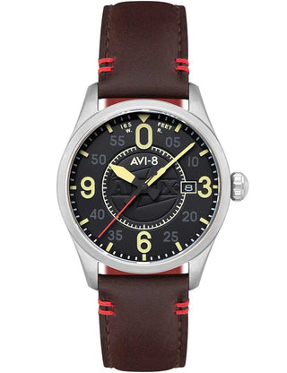 Front view of Avi-8 AV-4090-08 Black Dial Brown Leather Unisex Watch on white background