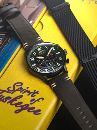 Angle shot of Avi-8 Chronograph AV-4109-04 Green Leather Unisex Watch on white background