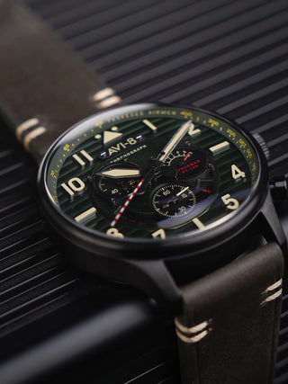 Angle shot of Avi-8 Chronograph AV-4109-04 Green Leather Unisex Watch on white background