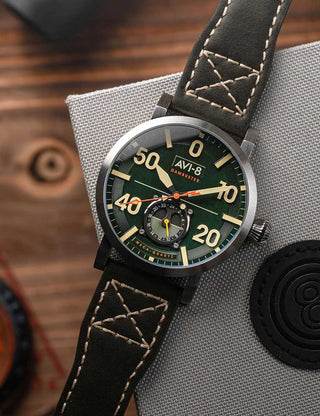 Angle shot of Avi-8 AV-4113-02 Green Dial Brown Leather Unisex Watch on white background