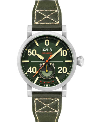 Front view of Avi-8 AV-4113-02 Green Dial Brown Leather Unisex Watch on white background