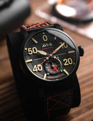 Angle shot of Avi-8 AV-4113-03 Black Leather Unisex Watch on white background