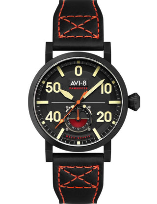 Front view of Avi-8 AV-4113-03 Black Leather Unisex Watch on white background