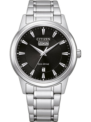 Front view of Citizen AW0100-86EE Black Dial Silver Stainless Steel Unisex Watch on white background