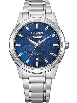 Front view of Citizen AW0100-86LE Blue Dial Silver Stainless Steel Unisex Watch on white background