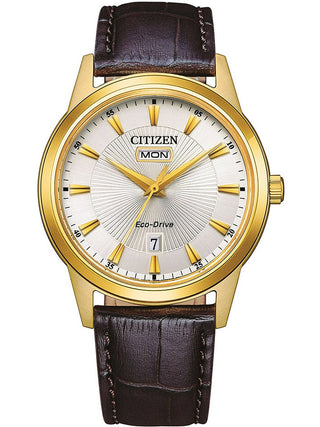 Front view of Citizen AW0102-13AE Silver Dial Brown Leather Unisex Watch on white background