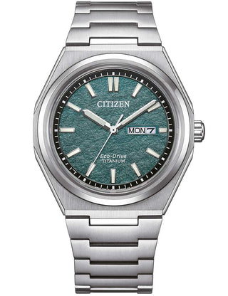 Front view of Citizen AW0130-85XE Green Dial Silver Titanium Unisex Watch on white background