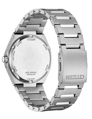 Angle shot of Citizen AW0130-85XE Green Dial Silver Titanium Unisex Watch on white background