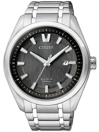 Front view of Citizen AW1240-57E Black Dial Silver Titanium Unisex Watch on white background