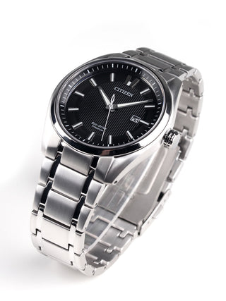 Angle shot of Citizen AW1240-57E Black Dial Silver Titanium Unisex Watch on white background