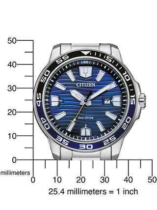 Angle shot of Citizen Eco-Drive AW1525-81L Blue Dial Grey Stainless Steel Mens Watch on white background