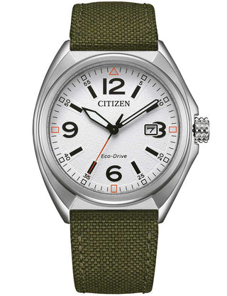 Front view of Citizen AW1571-09A White Dial Green Textile Unisex Watch on white background