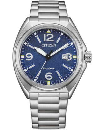 Front view of Citizen AW1571-76L Blue Dial Silver Stainless Steel Unisex Watch on white background