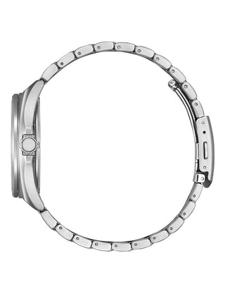 Angle shot of Citizen AW1571-76L Blue Dial Silver Stainless Steel Unisex Watch on white background
