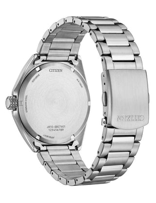 Angle shot of Citizen AW1571-76L Blue Dial Silver Stainless Steel Unisex Watch on white background