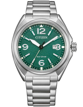 Front view of Citizen AW1571-76X Green Dial Silver Stainless Steel Unisex Watch on white background