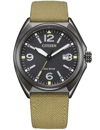 Front view of Citizen AW1575-08E Black Dial Beige Textile Unisex Watch on white background
