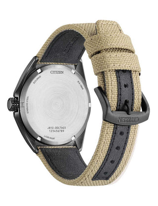 Angle shot of Citizen AW1575-08E Black Dial Beige Textile Unisex Watch on white background