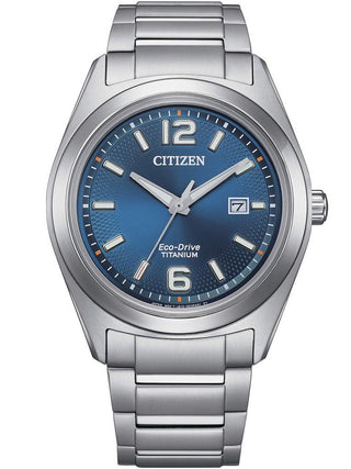 Front view of Citizen AW1641-81L Blue Dial Silver Titanium Unisex Watch on white background