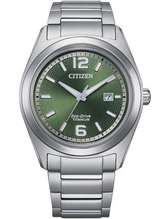 Front view of Citizen AW1641-81X Green Dial Silver Titanium Unisex Watch on white background