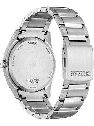 Angle shot of Citizen AW1641-81X Green Dial Silver Titanium Unisex Watch on white background