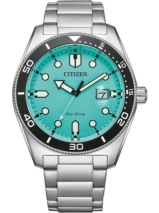 Front view of Citizen Of Collection Marine Eco Drive Aqua Blue AW1760-81W Silver Stainless Steel Unisex Watch on white background