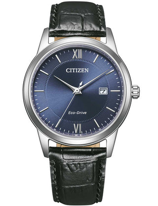 Front view of Citizen AW1780-17L Blue Dial Black Leather Unisex Watch on white background