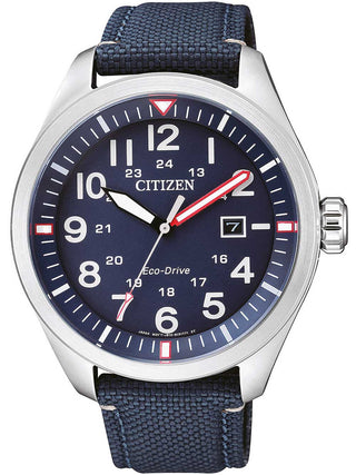 Front view of Citizen Eco-Drive AW5000-16L Blue Fabric Mens Watch on white background