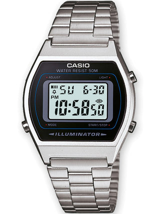 Front view of Casio Retro Vintage B640WD-1AVEF Black Dial Grey Stainless Steel Unisex Watch on white background