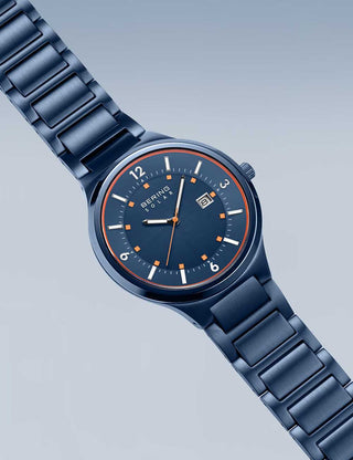 Angle shot of Bering 14442-797 Blue Stainless Steel Unisex Watch on white background