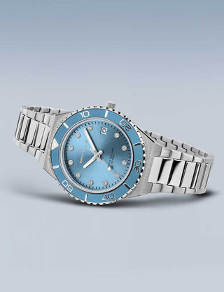 Angle shot of Bering 18936-705 Blue Dial Silver Stainless Steel Womens Watch on white background