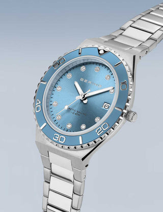 Angle shot of Bering 18936-705 Blue Dial Silver Stainless Steel Womens Watch on white background