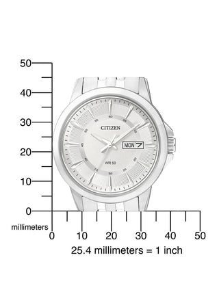 Angle shot of Citizen Basic BF2011-51AE Grey Stainless Steel Mens Watch on white background