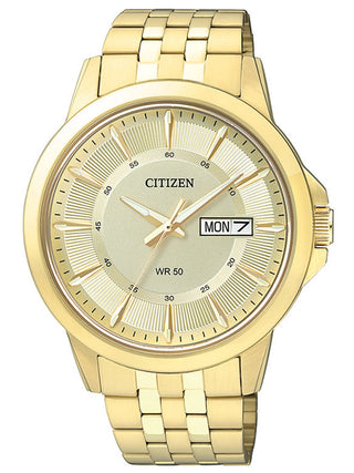 Front view of Citizen Basic BF2013-56PE Gold Stainless Steel Mens Watch on white background