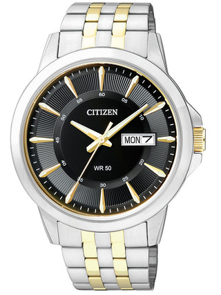 Front view of Citizen BF2018-52EE Black Dial Gold Stainless Steel Unisex Watch on white background