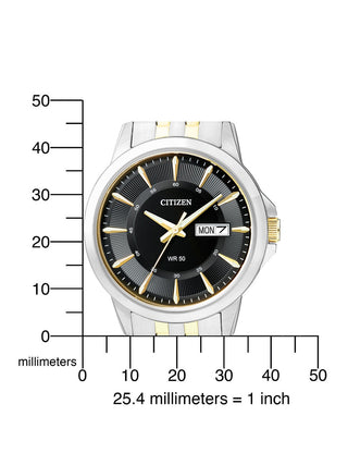 Angle shot of Citizen BF2018-52EE Black Dial Gold Stainless Steel Unisex Watch on white background