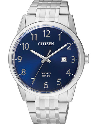 Front view of Citizen Basic BI5000-52L Blue Dial Grey Stainless Steel Mens Watch on white background