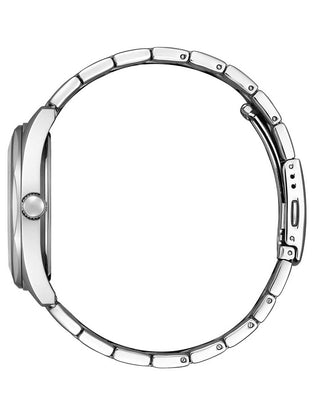 Angle shot of Citizen BI5110-54E Black Dial Silver Stainless Steel Unisex Watch on white background