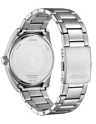 Angle shot of Citizen BI5110-54E Black Dial Silver Stainless Steel Unisex Watch on white background