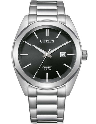 Front view of Citizen BI5110-54E Black Dial Silver Stainless Steel Unisex Watch on white background