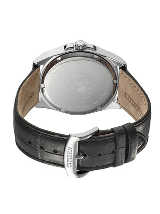 Angle shot of Citizen BM7108-14E Black Leather Unisex Watch on white background