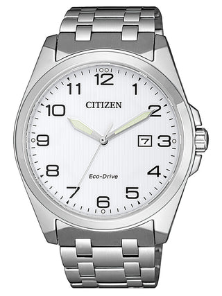 Front view of Citizen BM7108-81A White Dial Silver Stainless Steel Unisex Watch on white background