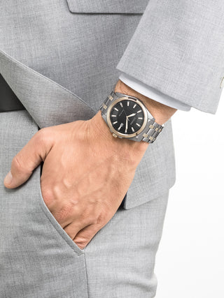 Angle shot of Citizen BM7109-89E Black Dial Silver Stainless Steel Unisex Watch on white background