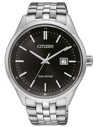 Front view of Citizen BM7251-88E Black Dial Silver Stainless Steel Unisex Watch on white background